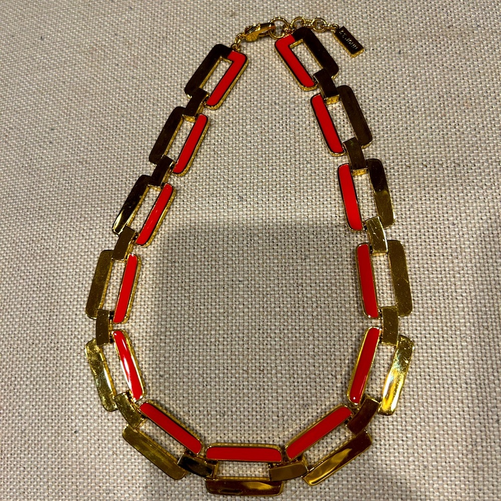 ST. JOHN Chunky, Red Enamel & Gold Tone Choker / Necklace 18” With Box. Vintage